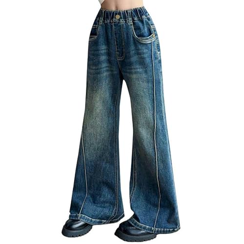 Girls Flare Jeans Cute Elastic High Waisted A-Line Denim Pants Teens Kids Trousers with Pockets