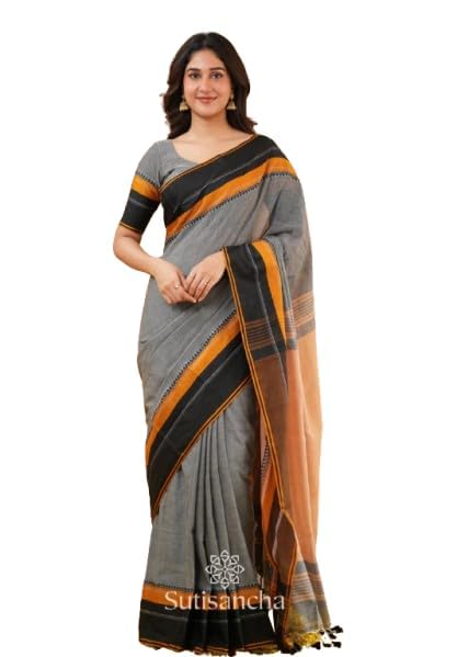 SUDIP CALLECTION Handwoven Pure Cotton Saree for Women – Beige & Grey with Mustard Border, Soft Lightweight Saree with Tassels, Traditional Indian Ethnic Wear-image-46