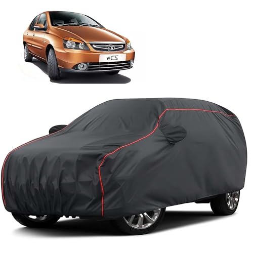 Image of Sulfar 100% Water Resistant Car Body Cover Compatible with Mirror for Tata Indigo ECS (Triple Stitched, Full Bottom Elastic, Dark Grey Taffeta with Red Piping)