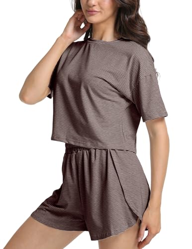 Image of Split Short Pajama Set Soft Women's Striped Pajama Sleeve Tee & Elastic Waist Shorts Summer Lounge Sleepwear