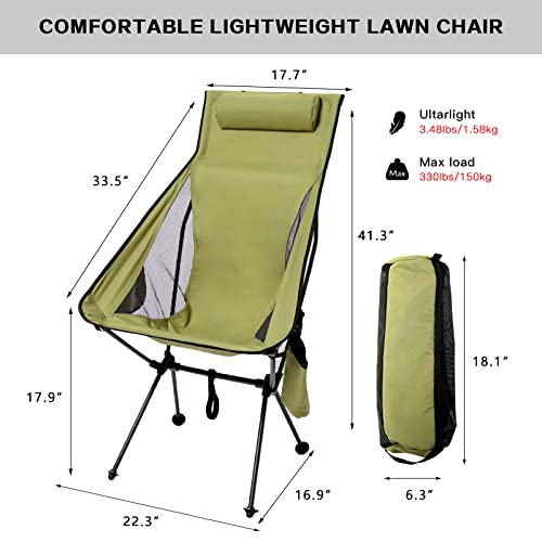 Lyweem Folding Camping Chair For Adults Lightweight Beach And Picnic Chair - Portable High-Backrest And Aircraft-Grade Aluminum With Side Pocket - Perfect For Outdoor Activities 330Lbs Support, Green #TOP1