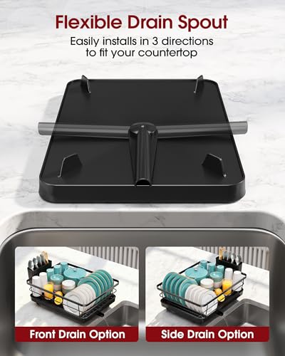 Sakugi Stainless Steel Dish Drying Rack for Kitchen Counter, Sink Organization and Storage Essentials with Silverware & Utensil Holder, Home and Apartment Decor, 12''W x 15.5''L, Black