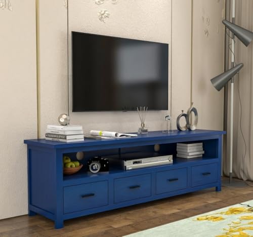 Image of Sheesham Solid Wood TV Cabinet for Living Room | Handcrafted Wooden TV Unit with Storage | Elegant Entertainment Stand for Modern Homes (4 Drawer Tv Cabinet, Blue)