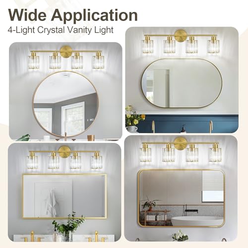Image of Modern Gold Crystal Bathroom Light Fixtures,4-Light | Bathroom Lighting Fixtures over Mirror,Vanity Lights for Mirror, Restroom(Ceramic E26 Socket,Bulbs Not Include)