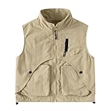 Boy Cargo Vest Jakect Kid Tactical Full Zip Sleeveless Tops Stand Collar Vests for Camping Fishing Hiking with Pocket Khaki