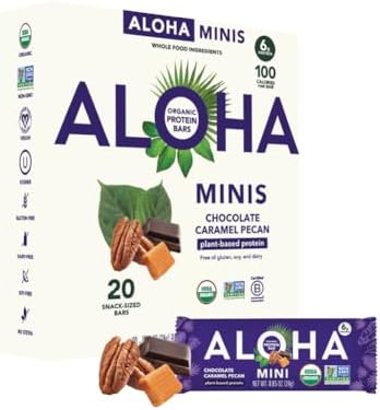 ALOHA Organic Plant Based Protein Bar MINIS | Caramel Chocolate Pecan | GLP-1 Friendly, 20 Count, 24g Bars | Vegan, Low Sugar, Gluten Free, Low Carb, Non-GMO, No Stevia, No Soy, No Sugar Alcohols