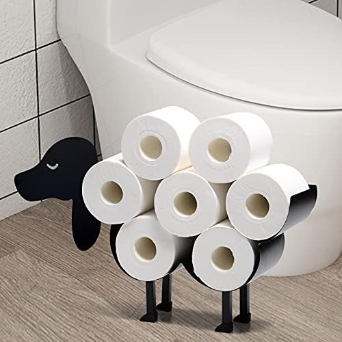 Sheep Toilet Paper Holder Black Metal Bathroom Tissue Storage Wall Mounted Free Standing Shelf 8 Rolls Jumbo Novelty Waterproof Iron Wipes Shelves Floor Stand（Dog）