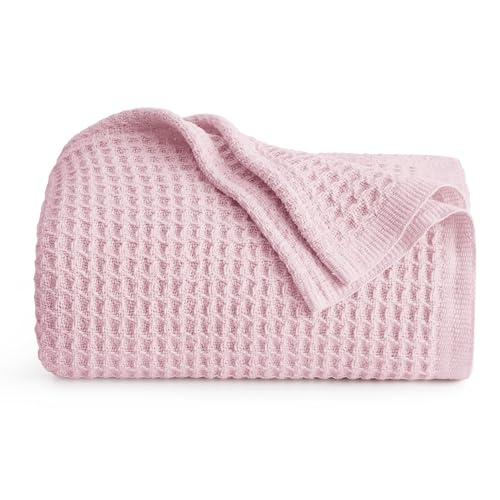 Image of Bedsure 100% Cotton Blanket Twin XL Size for College Dorm - Cooling Breathable and Soft for Summer, Waffle Weave Twin Blanket for Bed, Dorm Room Essentials, Pink, 66x90 inches