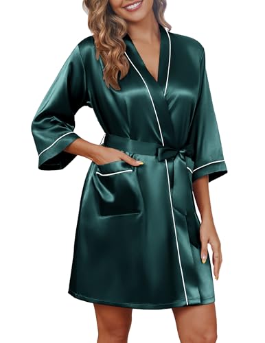 Ekouaer Silky Robes for Women Satin Knee Length Bride Bridesmaid Wedding Party Bathrobe Lightweight Sexy Sleepwear with Pockets Dark Green S