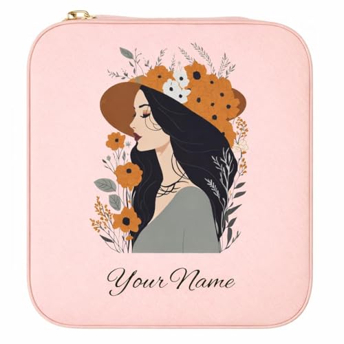 Image of Zephorus Personalized Jewelry Box for Women, Custom Travel Jewelry Case with Name and Birth Flower, Leather Jewelry Box for Rings, Earrings, Necklaces, Personalized Gifts for Women (Fashion Girl)