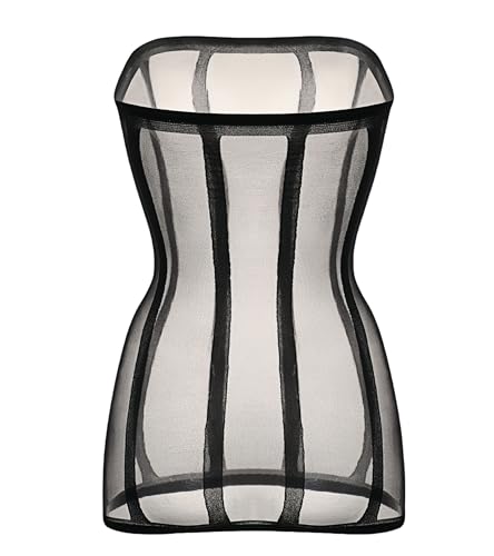 ROSVAJFY Abito intimo trasparente da donna, sexy, ad alta elasticità, adatto a tutte le forme del corpo, sexy, mini abito da donna con strisce longitudinali nere, taglia unica