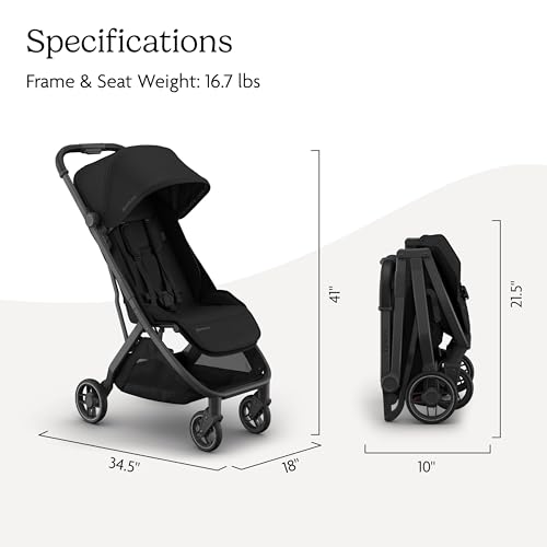 Image of UPPAbaby Minu V3 Travel Stroller - Lightweight + Compact Design - One-Hand Fold + Unfold - from Birth + Overhead Compatible - James (Black /Carbon Frame /Black Leather)