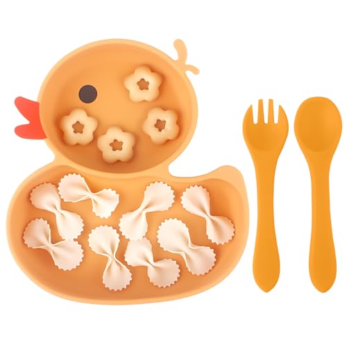 Qshare Baby Suction Plate,Silicone Suction Plate Baby with Spoon and Fork,Non Slip Self Feeding Training Divided Weaning Plates for Baby Toddler (Yellow)