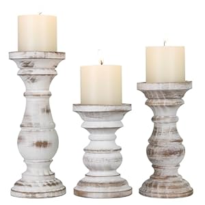 Candle Holder for Pillar Candle Set of 3, Farmhouse Wood Candle Holder, Rustic Wooden Candle Stand, Decorative Wood Candlestick Holders for Living Room, Table Centerpiece (Antique White)