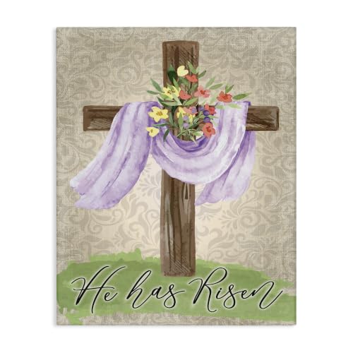 'He Has Risen Spring Floral Cross Brown Damask'| Canvas Art