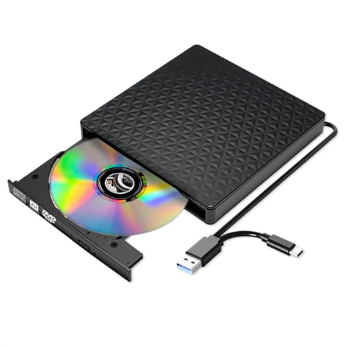 External CD DVD Drive, Ultra-Slim CD ROM Burner Reader Writer Drive Portable DVD Player, USB 3.0 and Type-C Optical, Compatible with Laptop Desktop PC Windows XP/7/8/10/11 MacBook Mac OS Linux