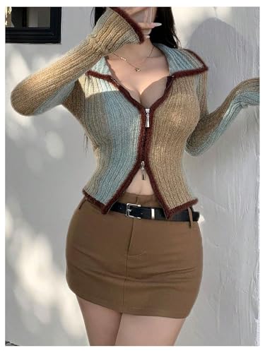 Image of SHENHE Women's Zip Up Cardigan Collared Long Sleeve Fitted Y2k Knit Crop Top Sweater Mint Green X-Large