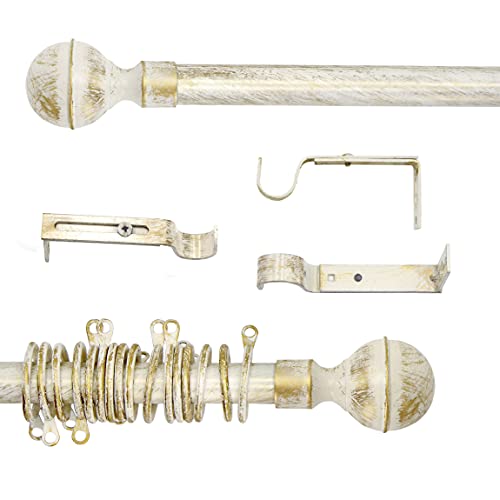 AT17 Barra de Cortina, Barra para Cortina Extensible Romántico Rústico Shabby Chic - Esfera - 160-300 - Diámetro 2 cm - Crema Ligero/Oro - Metal Cover