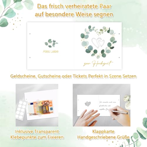Hochzeitsgeschenke für Brautpaar, Elegante Geldgeschenk Hochzeit, Geldgeschenke Verpackung mit Geschenkbox Hochzeitskarte, Premium Personalisierte Glückwunschkarte zur Hochzeit Herz Eukalyptus