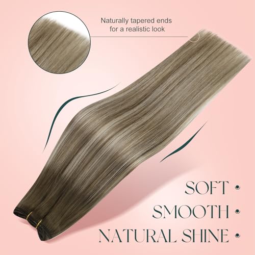 Image of Easyouth 16 Inch Sew in Weft Hair Extensions Human Hair Balayage, Wefts Human Hair Extensions, 100G, Medium Brown Fading to Platinum Blonde Mix Brown, Natural Look, Hair Extensions Sew in, for Party