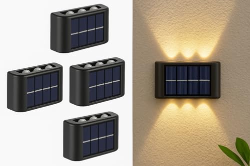 Infinite Basics 4-Pack Solar Wall Lights Outdoor – Up & Down LED Accent Lighting, IP65 Waterproof, Modern Design, Auto On/Off, for Garden, Deck, Fence, Porch, ABS+PC Weatherproof Build