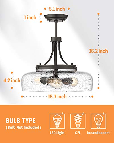 Eapudun Farmhouse Semi Flush Mount Ceiling Light Fixture, 3-Light Industrial Pendant Light In Oil Rubbed Bronze Finish With Clear Seeded Glass Shade, Sma1126-Orb #TOP5