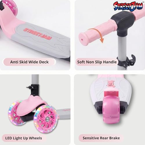 Image of STREETJAM Zoltra LED Wheel Kids Kick Scooter 3-12 Years, LED Light Wheels, BIS Approved, Lean-to-Steer Control, Extra Wide Deck, Vibrant Two-Tone Design, Up to 50 kg Load (Baby Pink with Grey)