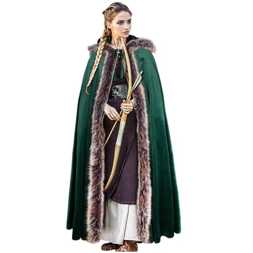 L'VOW Viking Fur Cloak with Hood Fur Hooded Cape for Women Men Ren Faire Medieval Cosplay(Green)