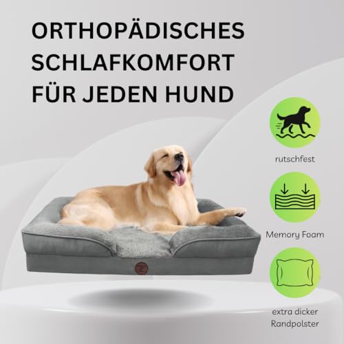ZURMATRADE Orthopädisches Hundebett mit Memory Foam – Waschbar, rutschfest & bequem – Für große & kleine Hunde – Grau, Tierhaarentferner