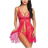 Asija Sexy Dessous Damen, Damen Dessous Kleid Lang Kimono Spitze Negligee Nachtwäsche Transparente Robe Set Cardigan mit Gürtel und G-String Bikini Cover up
