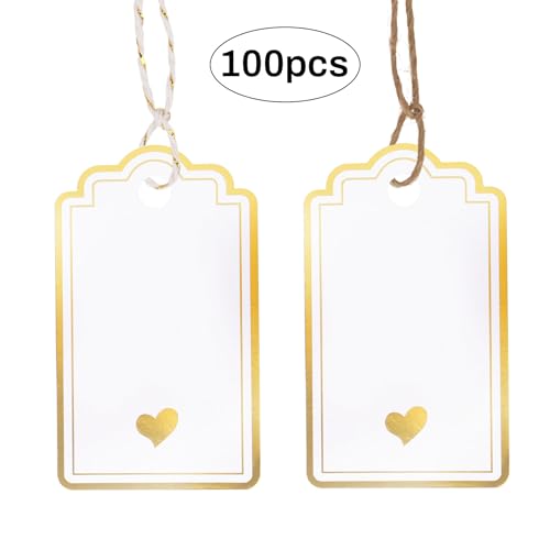 Dmnnlp 100pcs Gift Tags with String, Foil Gold Heart Paper Gift Tags, 5x9cm Personliazed White Blank Labels for Birthday Wedding Baby Shower Valentines Mothers Day Christmas Gifts Decoration