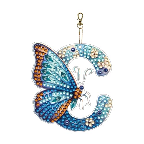 Lebartm Porte-clés de peinture diamant à faire soi-même - Ornement de peinture diamant artisanale - Lettres papillon en diamant - Porte-clés pendentif à suspendre...