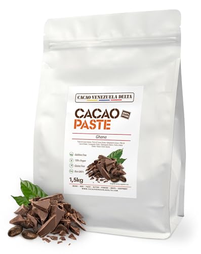 Cacao Venezuela Delta Pasta De Cacao Pura Ceremonial 1.5 Kg de Origen Ghana - Chocolate Negro 100% Puro sin Azúcar para Fundir y Reposteria - Masa De Cacao Sin Gluten, Antioxidante, Vegano