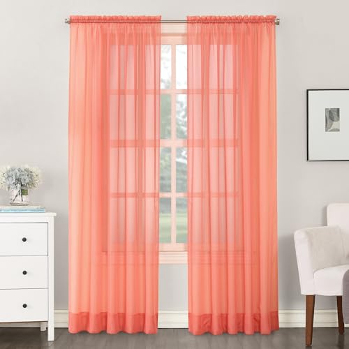 Image of No. 918 Emily Sheer Voile Rod Pocket Curtain Panel, 59 inch x 63 inch, Coral