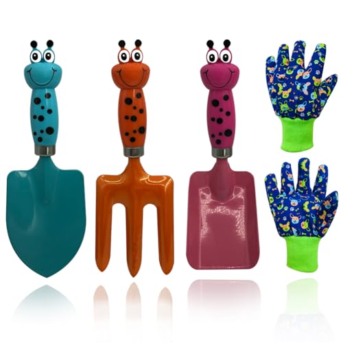 Kids Gardening Tools Gloves Set 3 Cute Shovel Spade for Kid Garden Work with 1 Toddler Gloves for Teen Boy Girls