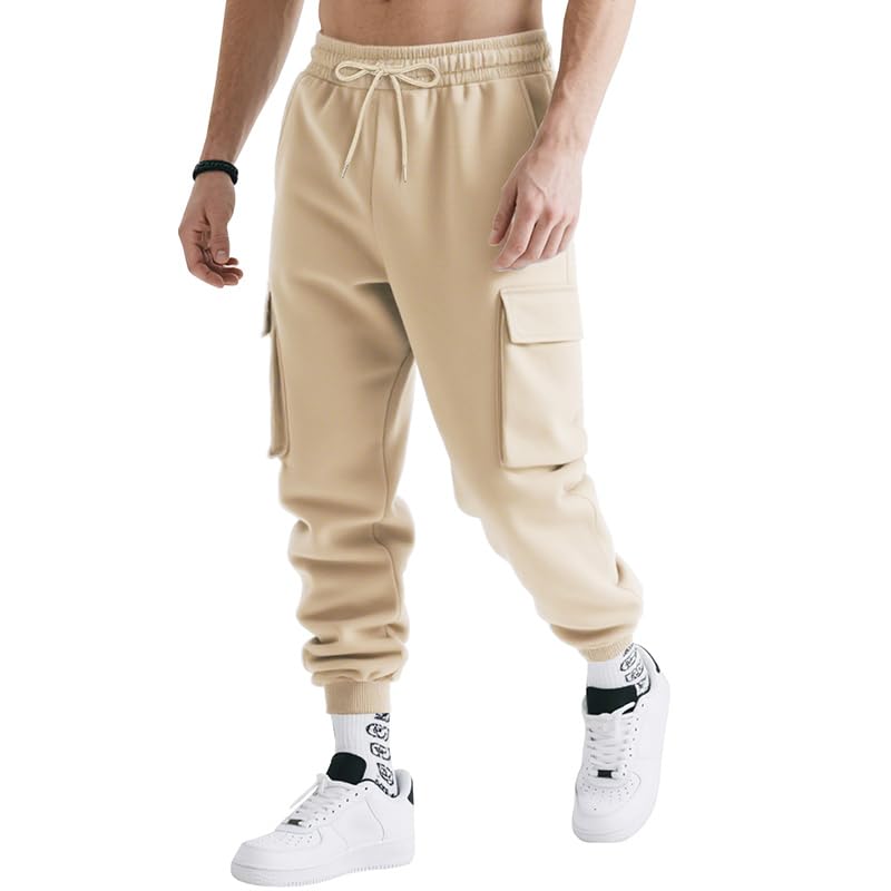 Men Autumn/Winter Solid Color Fashion Work Pants Elastic Waist Drawstring Sweatpants with Multi Pockets