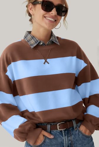 Image of UEU Women Oversized Striped Crewneck Sweatshirt Long Sleeve Color Block Pullover Tops Casual Loose Workout Shirt