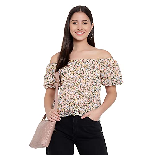 Image of FNOCKS Women Button Closure Short Sleeves Floral Printed Tops /Georgette Fabric