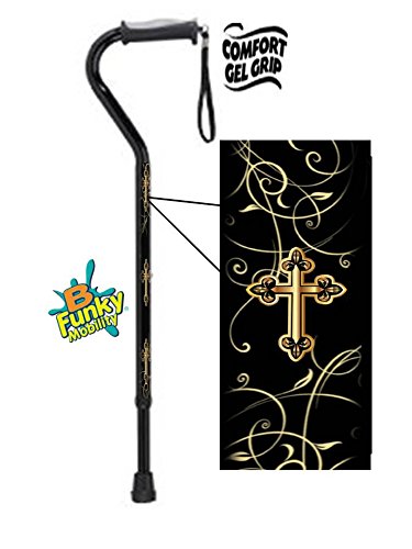 Walking Cane Gel Grip Handle Aluminum Adjustable Gold Cross Crucifix Design Religious Men or Women