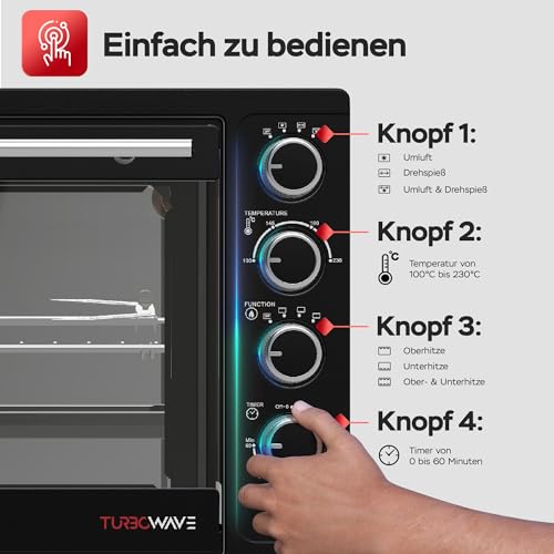 Foto von TurboTronic Minibackofen mit Umluft 45L schwarz 2000W, Drehspieß, Timer, Mini Backofen, Pizzaofen, 2 Backbleche, Grill