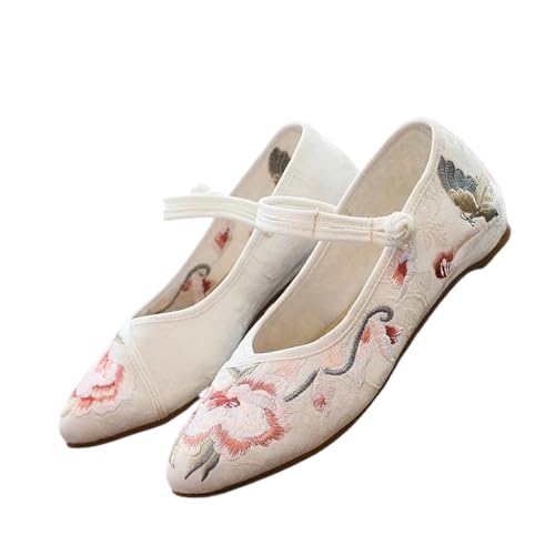 Ballerines brodées en toile coton bout pointu anti-frottement femme blanc 39.5