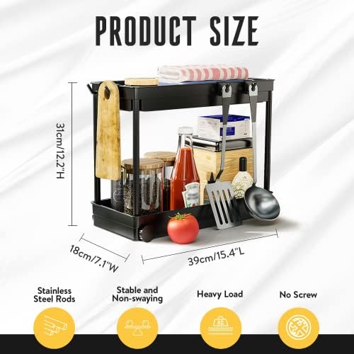 icyant Under Sink Storage, 2 Tier Bathroom Organizer Under Sink Shelf, Multi-Purpose Under Sink Bathroom Storage Rack with Bottom Sliding Wheels and 8 Hooks, for Bathroom Kitchen Countertop, Black