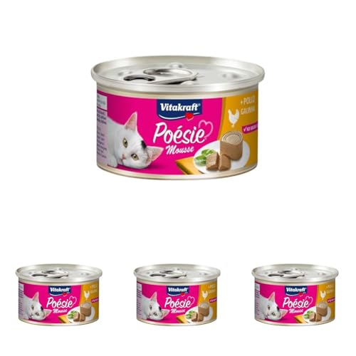 Vitakraft Poésie Mousse, Comida húmeda para Gatos, Mousse esponjosa con Pollo, en tamaño de Almacenamiento, sin azúcar añadido (1x 85g) (Paquete de 4)