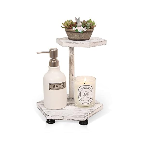Tikea Hexagonal Wood Riser for Display, 2-Tier Farmhouse Wood Pedestal Stand for Kitchen Bathroom Counter Decor, Decorative Tray for Soap Dispenser, Candle and Plant
