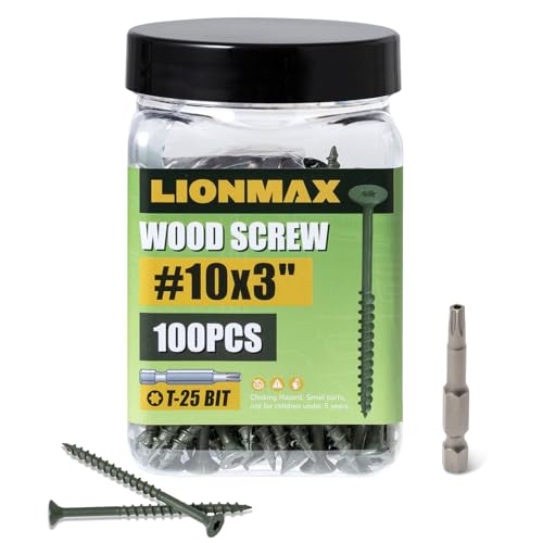 Image of LIONMAX Deck Screws 3 Inch, Wood Screws #10 x 3, 100 PCS, Rust Resistant, Exterior Epoxy Coated, Outdoor Decking Screws, Torx /Star Drive Head Screw, T25 Star Bit Included, Green