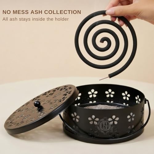 Image of DSH Metal Mosquito Coil Holder with Lid & Handle Ash Catcher Stand for Mosquito Coil Indoor Outdoor Safe Use (Black)