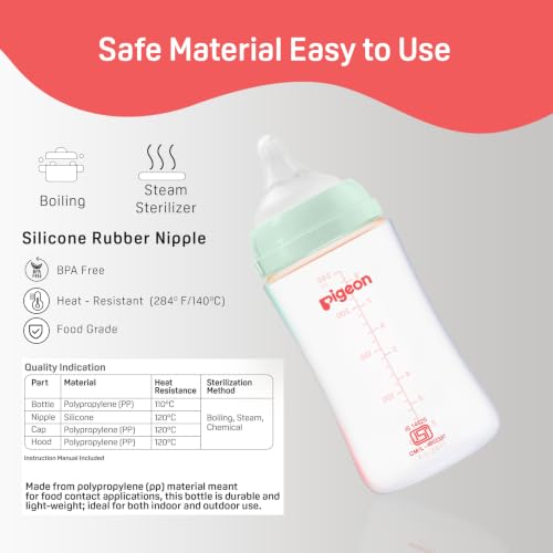 Image of Pigeon Anti-Colic Wide Neck Natura Flo Baby Feeding Bottle 160 ml (Green) | PP Nursing Bottle | Plus Type Silicone Nipple | for Newborns & Infants (WN3)