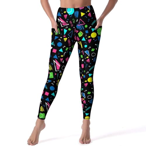 DROEYROEST Black 80s 90s High Waisted Workout Leggings for Women with Pockets Tummy Control Printed Sports Pants for Running Cycling Yoga M