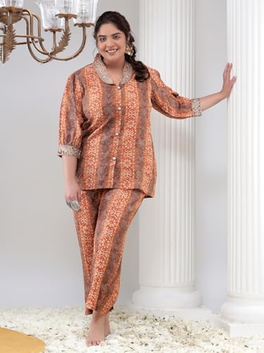 Image of Bani Women Printed Plus Size Co-ord Set, Shirt and Trouser Set 2 Piece Outfit, 3 /4 Sleeves V Neck Collor with Mirror Work, Coord Sets for Womens,Western Dress, Stylish Design for all Occasions