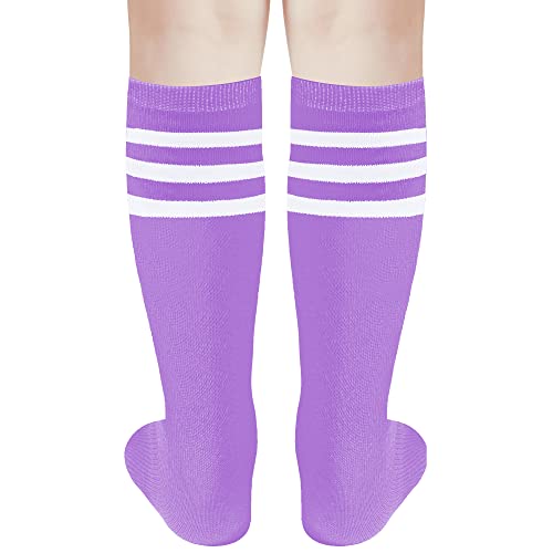 Doovid Kids Soccer Socks Three Stripes Knee High Tube Socks Cotton Sports Socks Uniform Stocking For Toddler Boys Girls Purple White #TOP1